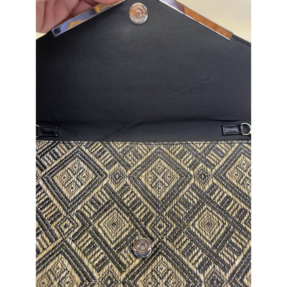 Poppie Jones Woven Rattan Black /Tan/ Purse Bag Clutch Silver Chain Snap Closure - Picture 7 of 12
